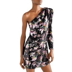 SELF PORTRAIT Midnight Bloom One Shoulder Sequin Dress Black Floral Mini 2